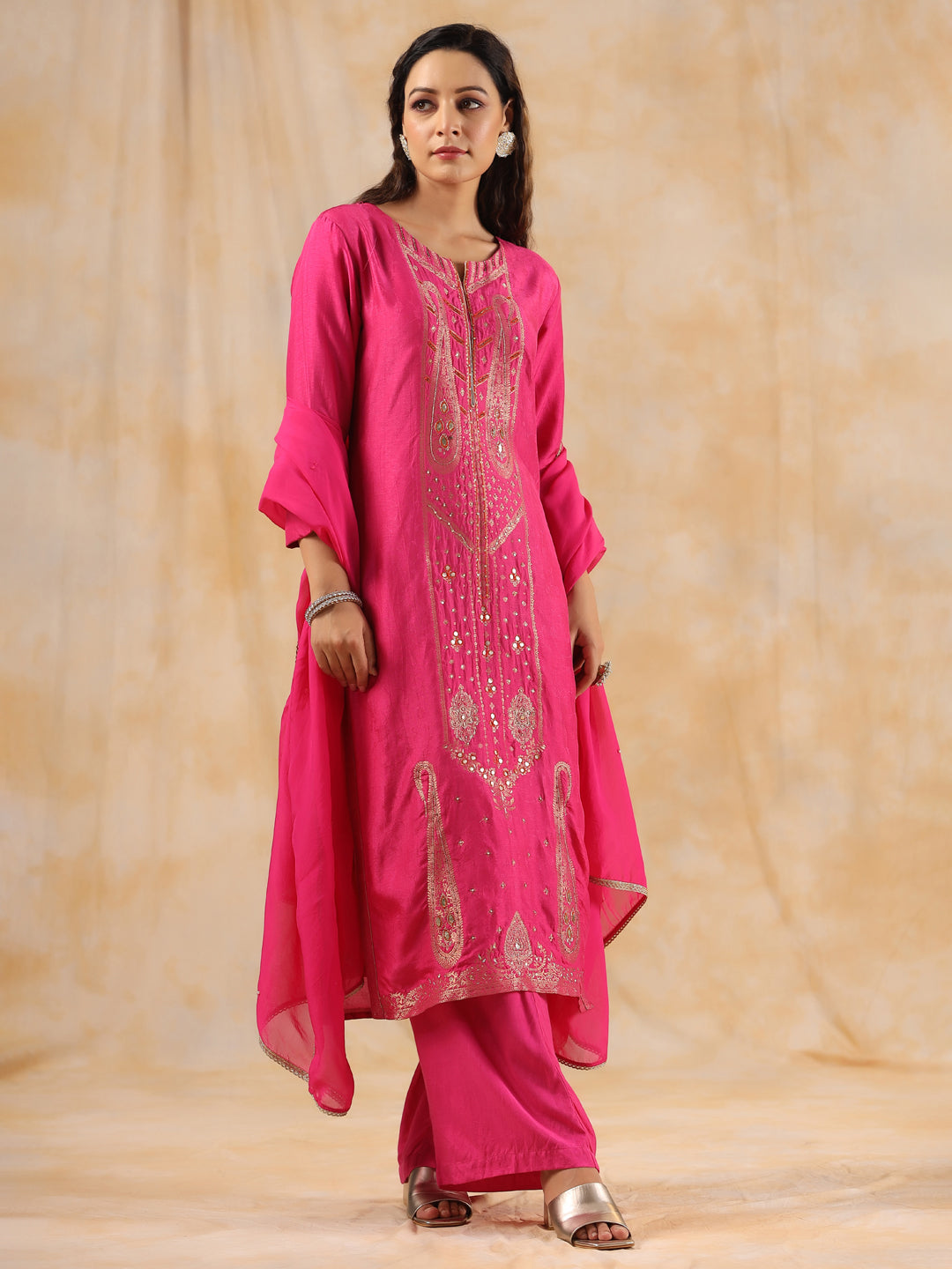 Zardozi Embroidered Silk Hot Pink Straight Kurta With Palazzo And Dupatta