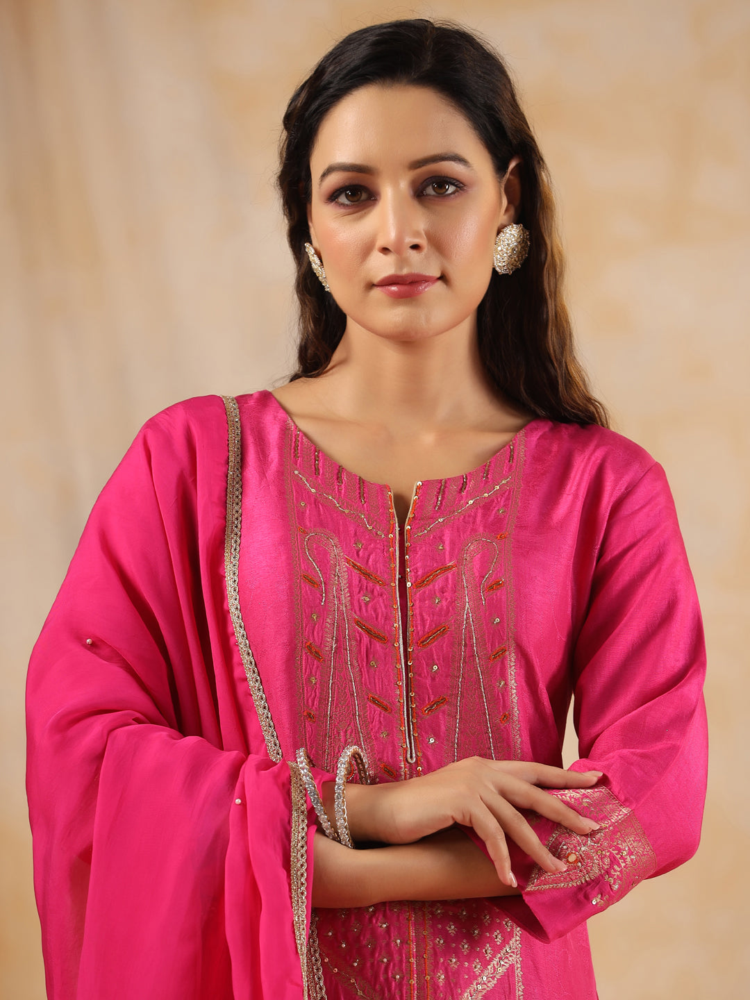 Zardozi Embroidered Silk Hot Pink Straight Kurta With Palazzo And Dupatta