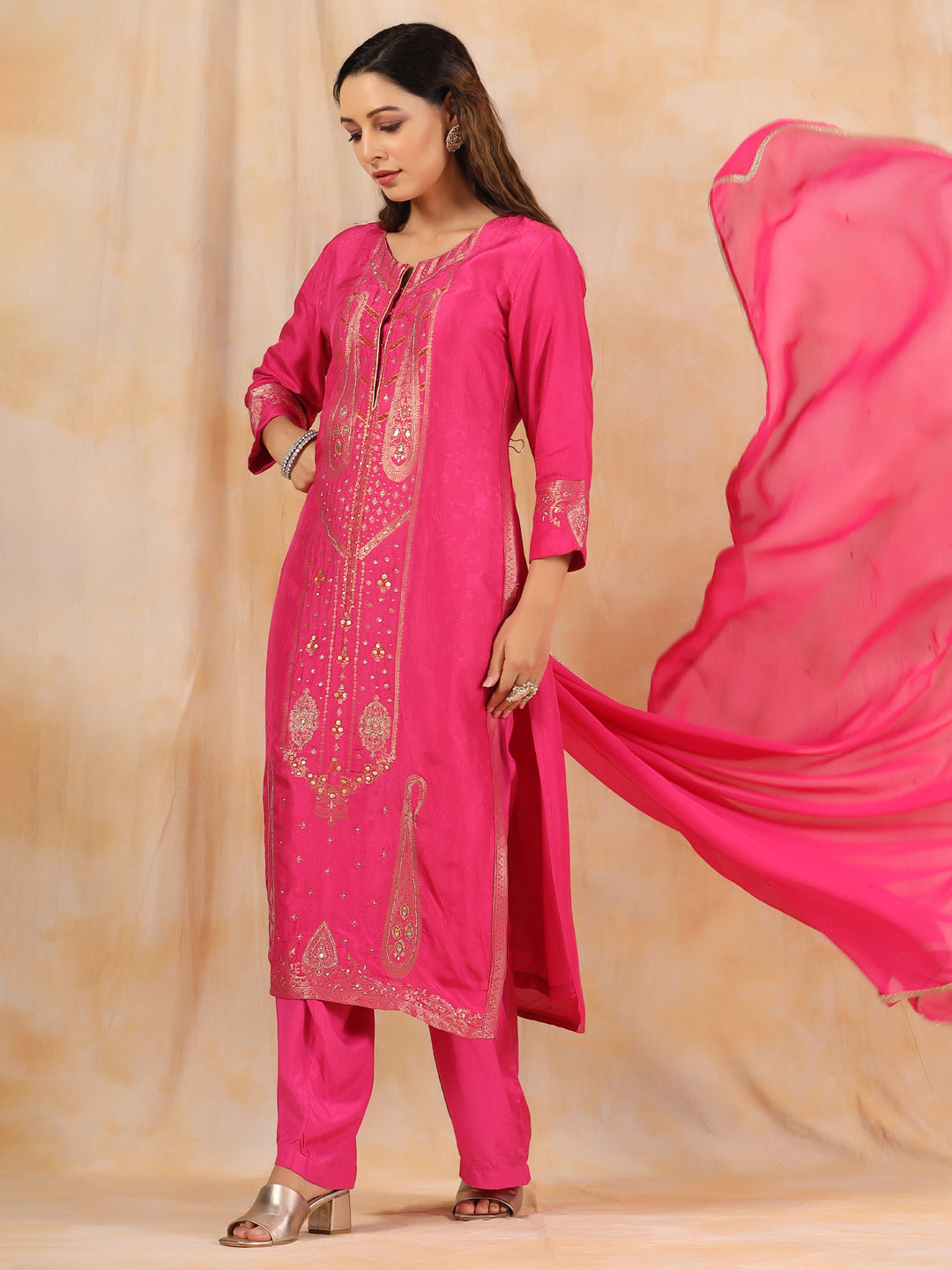 Zardozi Embroidered Silk Hot Pink Straight Kurta With Palazzo And Dupatta