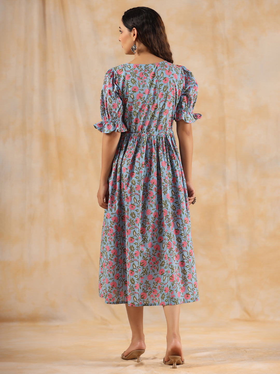 Blue Ethnic Floral Printed Flared Dress