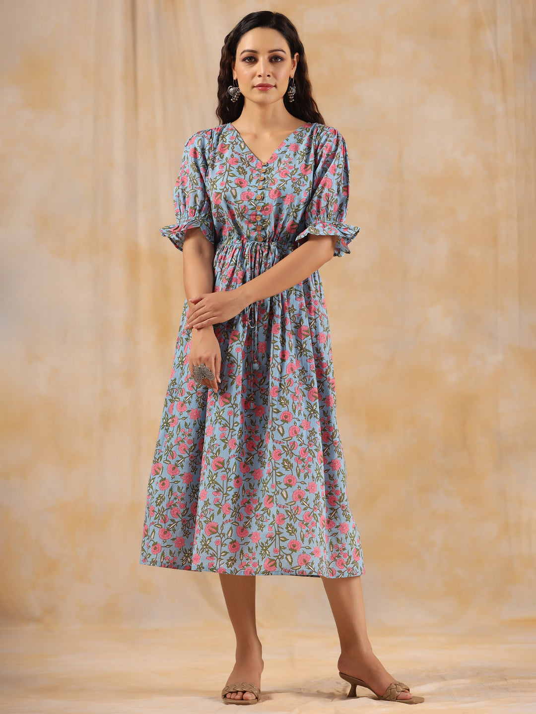 Blue Ethnic Floral Printed Flared Dress