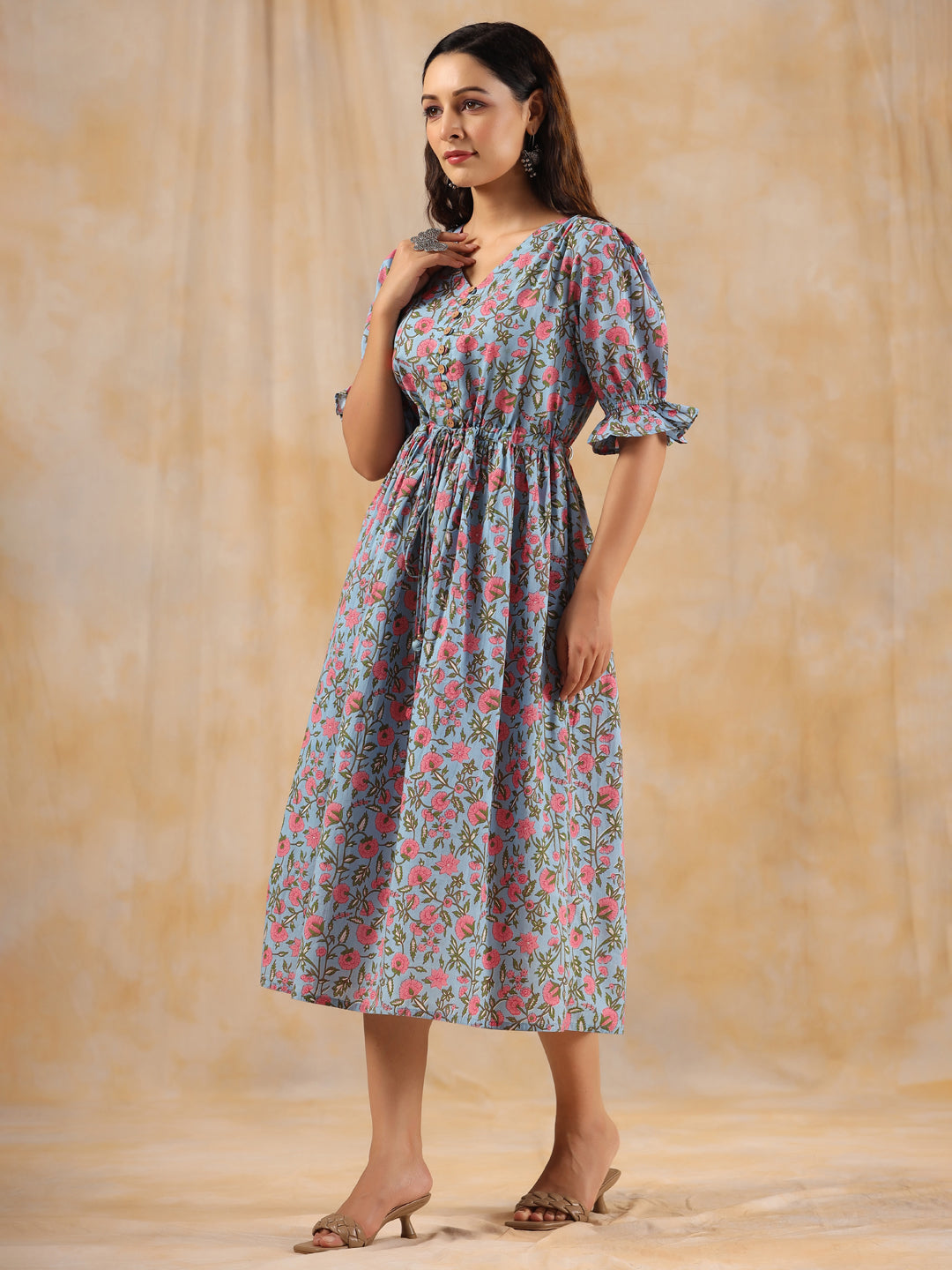 Blue Ethnic Floral Printed Flared Dress