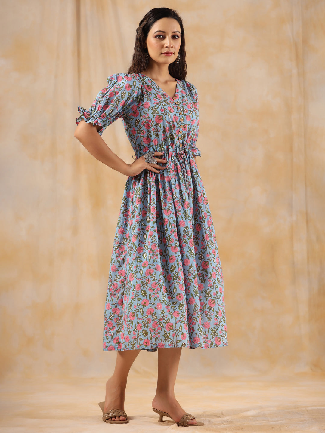 Blue Ethnic Floral Printed Flared Dress