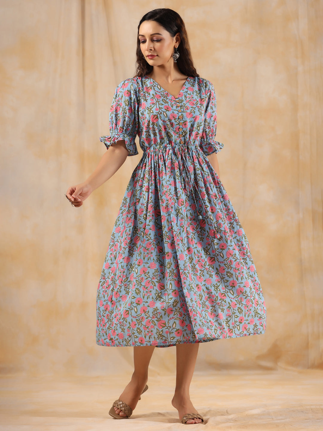 Blue Ethnic Floral Printed Flared Dress