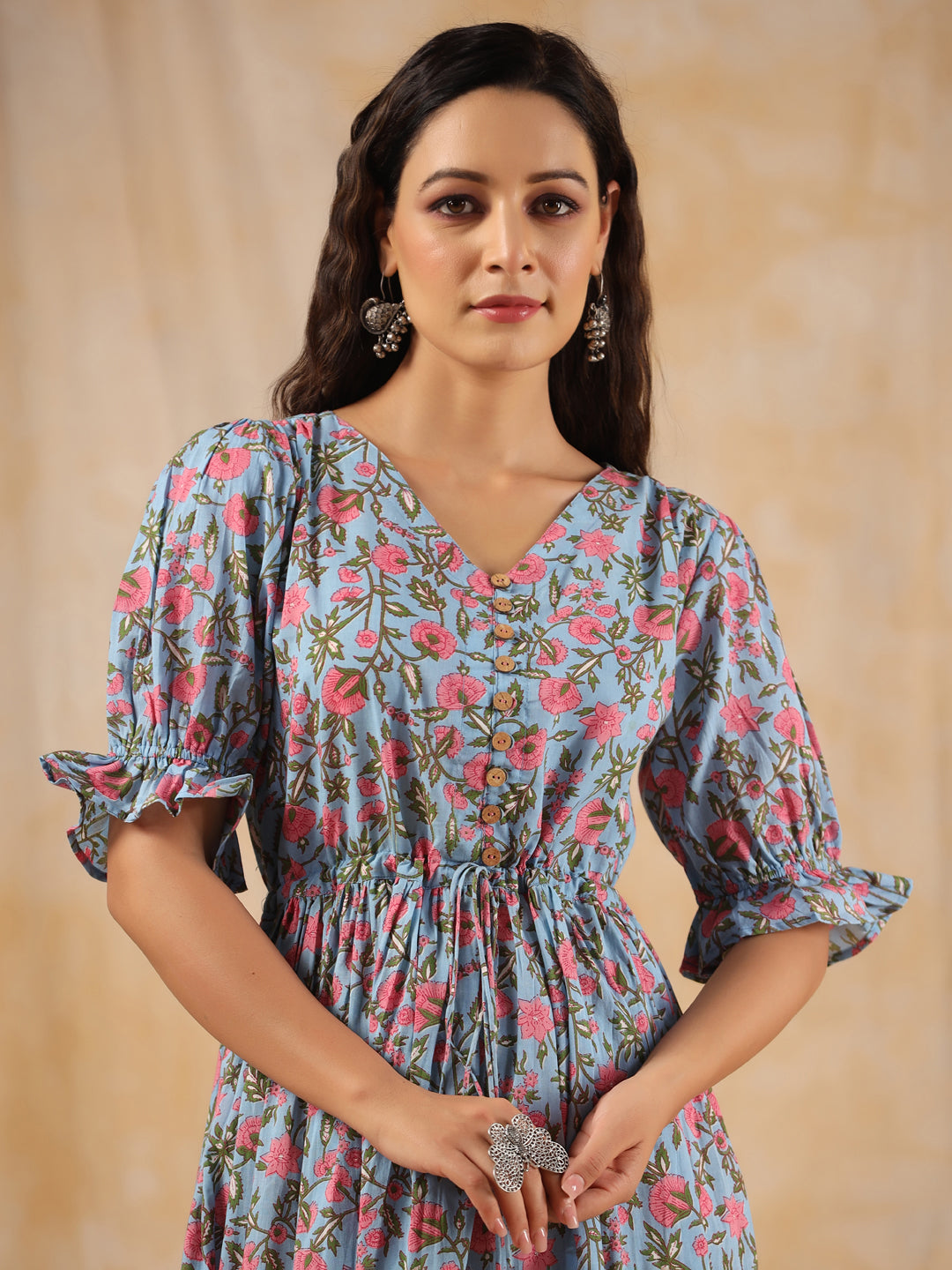 Blue Ethnic Floral Printed Flared Dress
