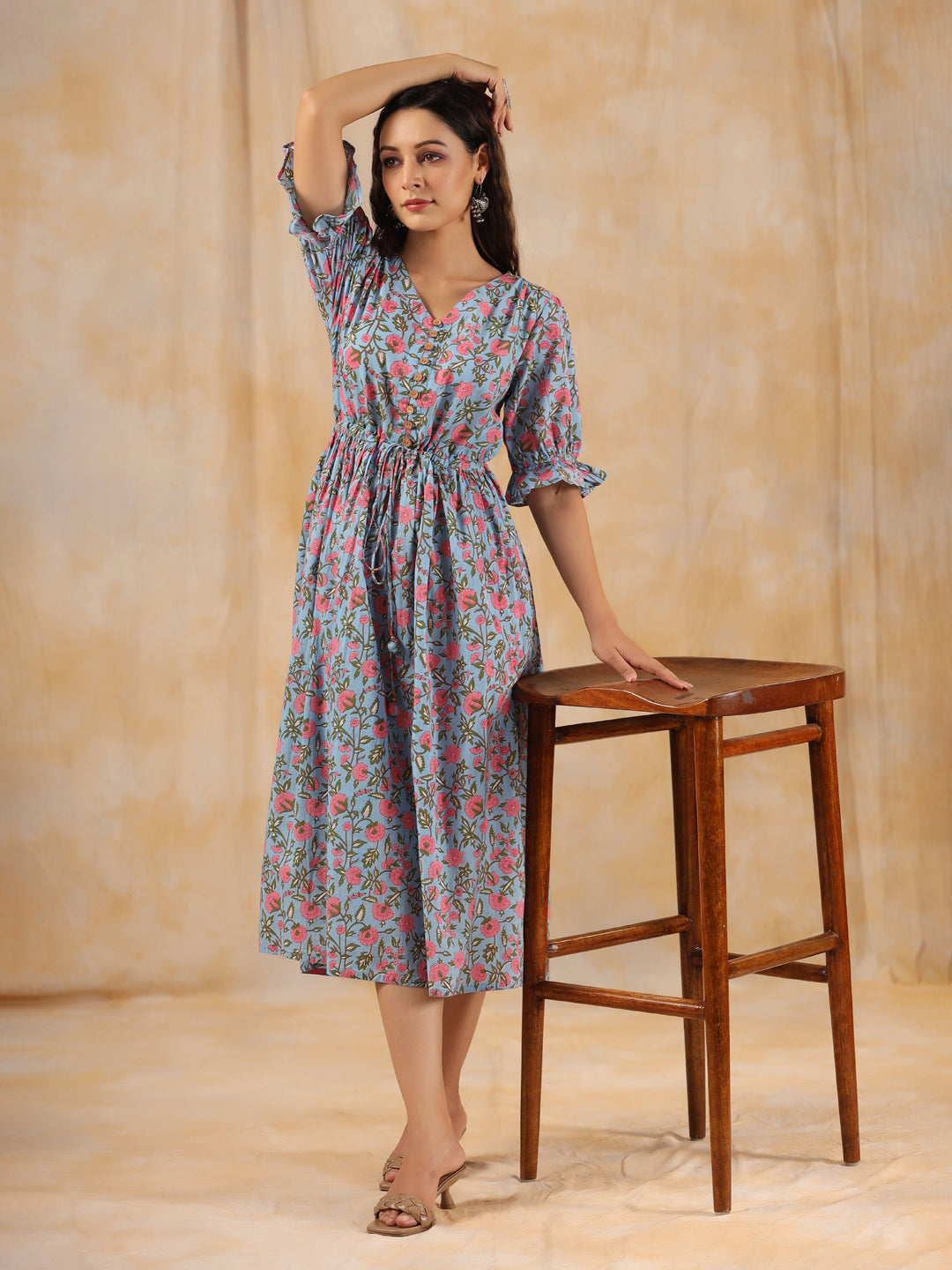 Blue Ethnic Floral Printed Flared Dress