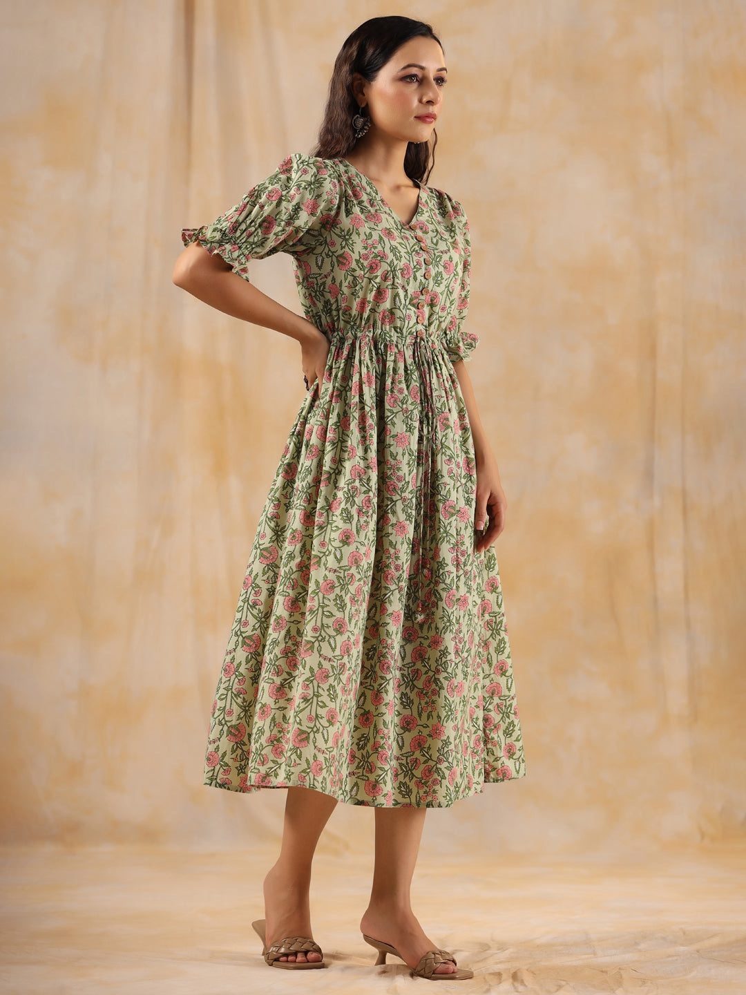 Green Ethnic Floral Printed Flared Dress