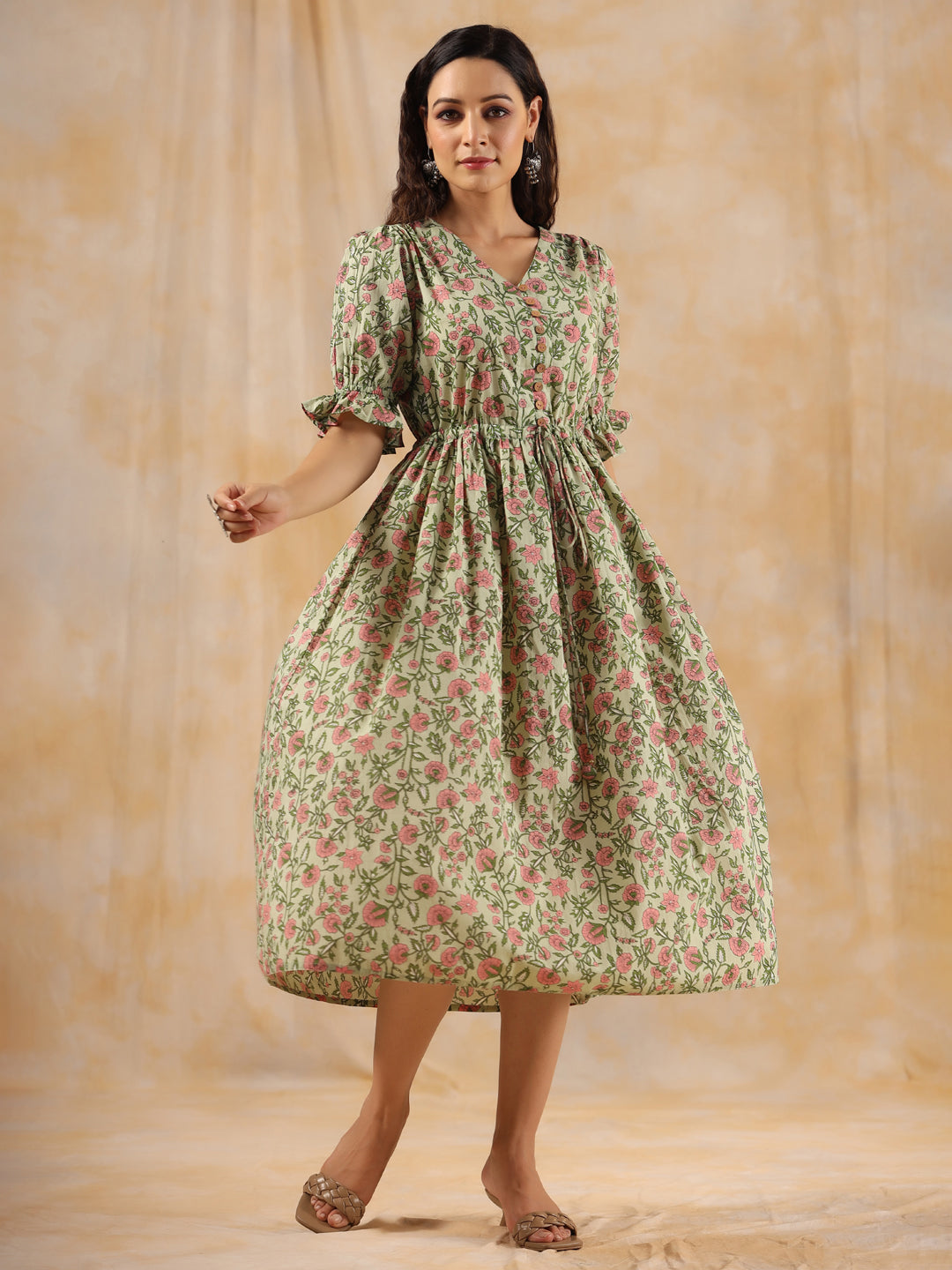 Green Ethnic Floral Printed Flared Dress