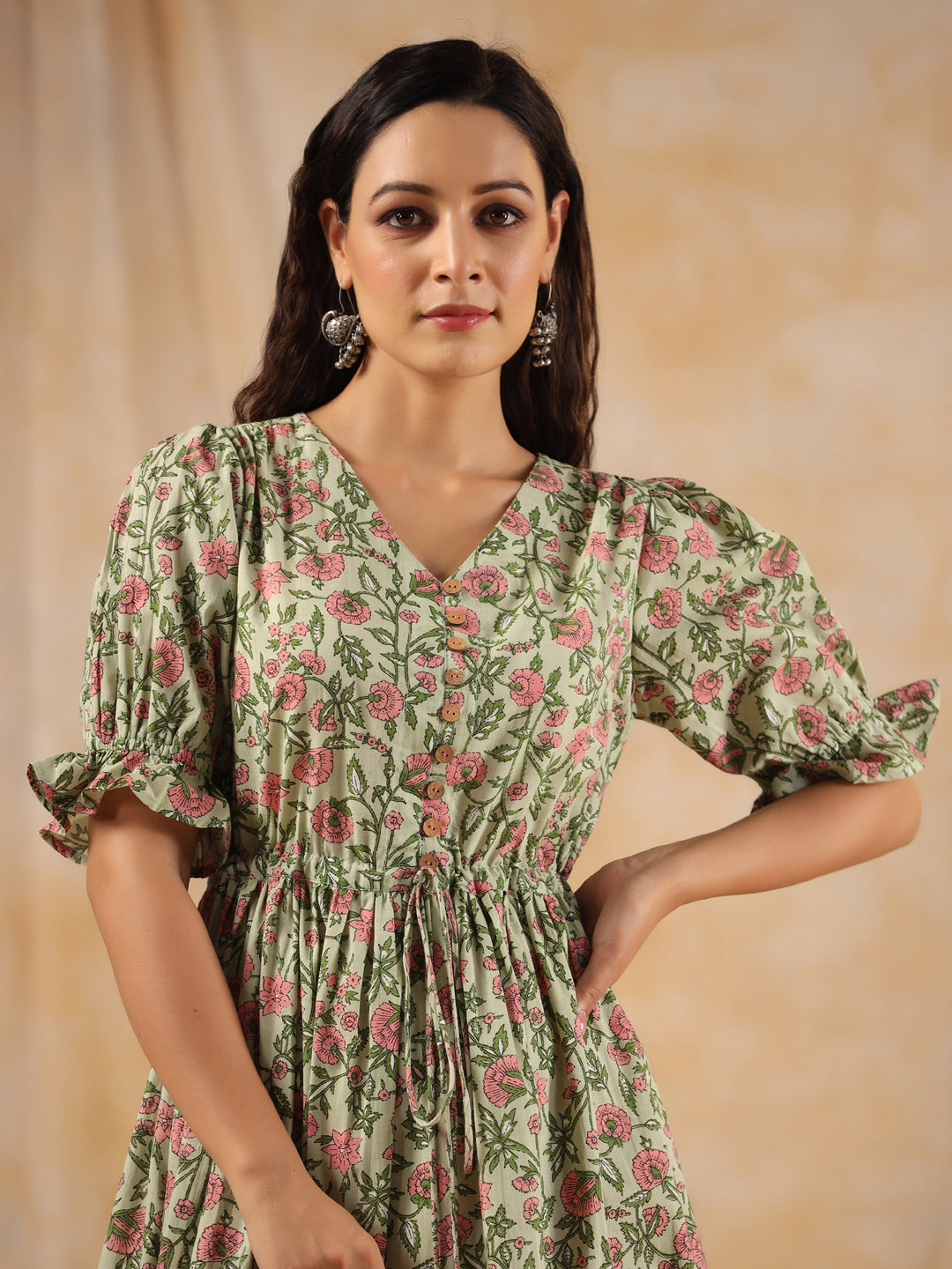 Green Ethnic Floral Printed Flared Dress