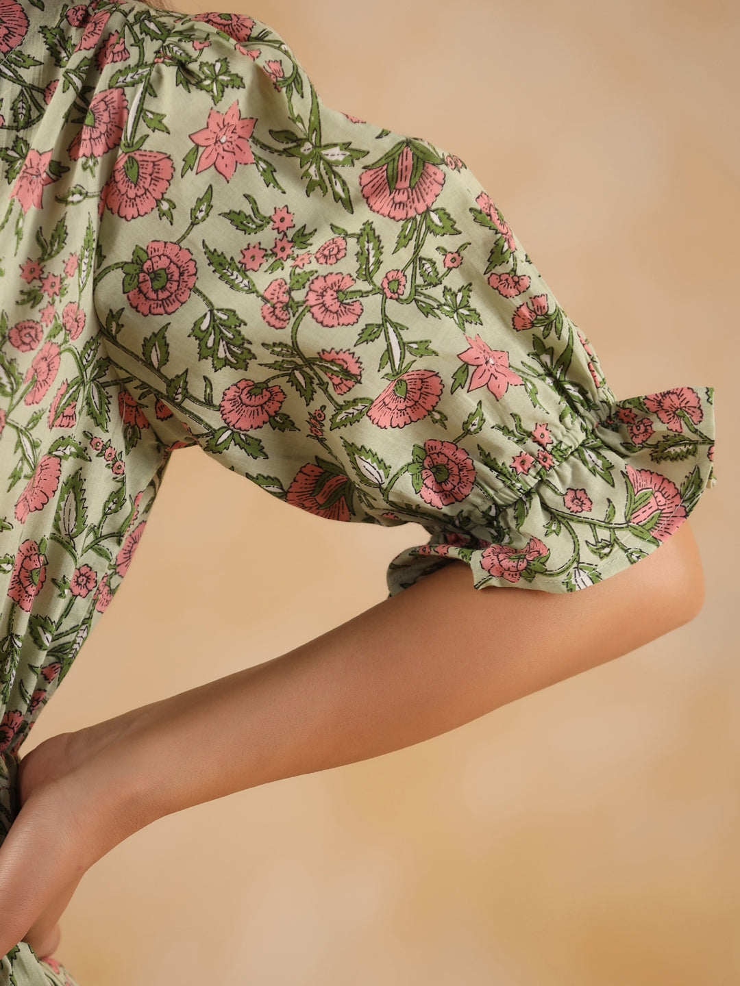 Green Ethnic Floral Printed Flared Dress