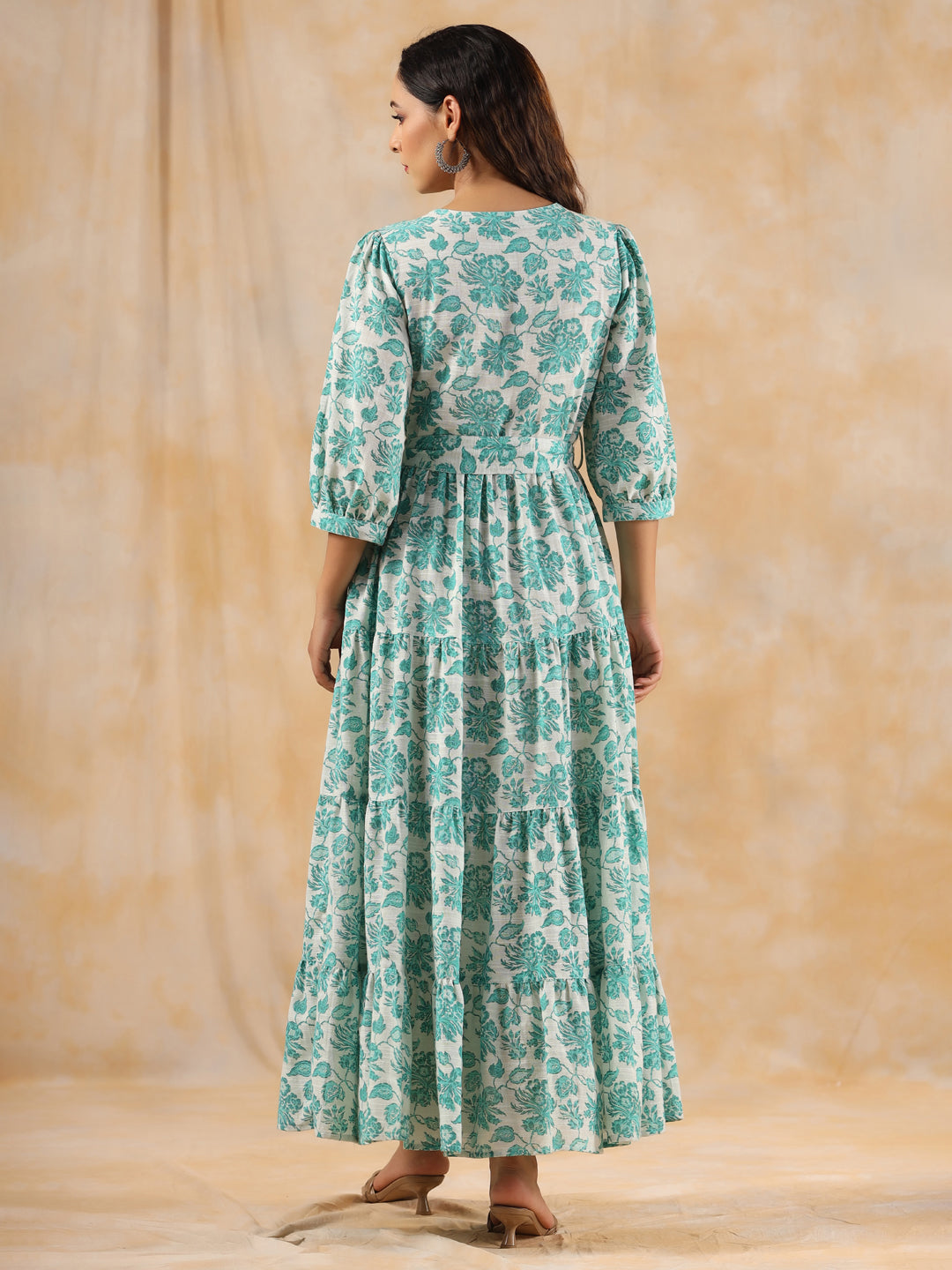 Sea Green Floral Printed Tier Cotton Dress