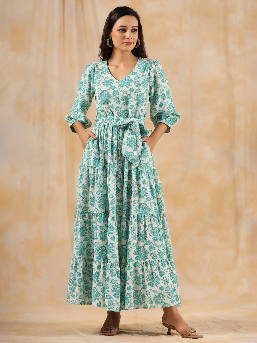 Sea Green Floral Printed Tier Cotton Dress