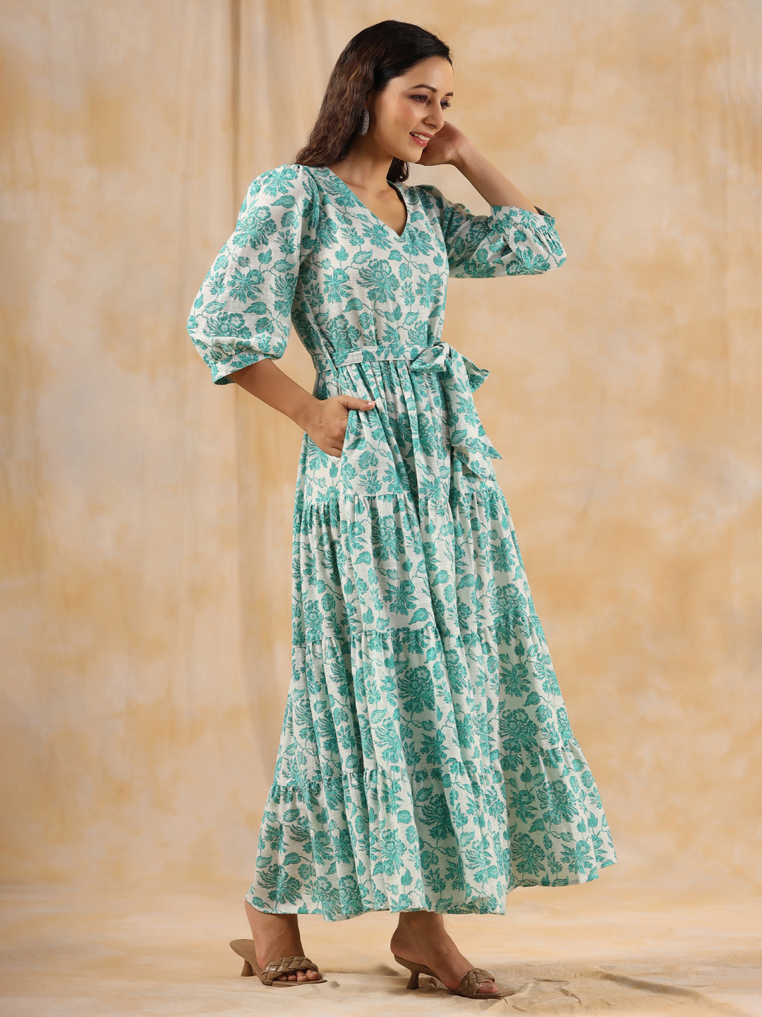 Sea Green Floral Printed Tier Cotton Dress