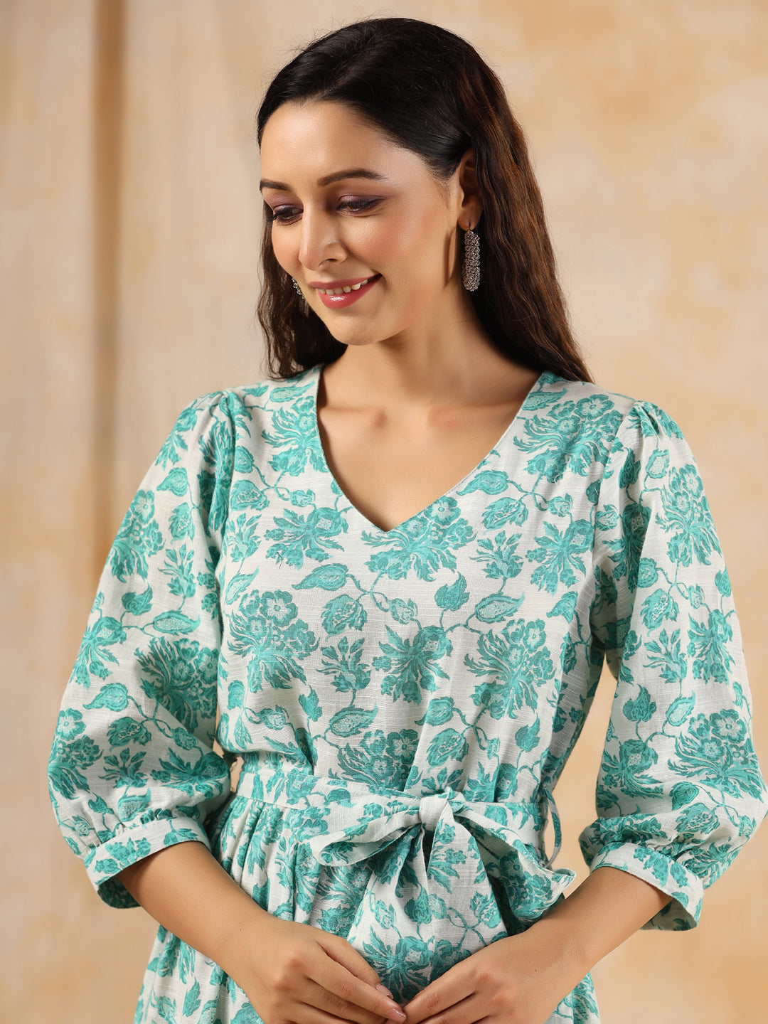Sea Green Floral Printed Tier Cotton Dress