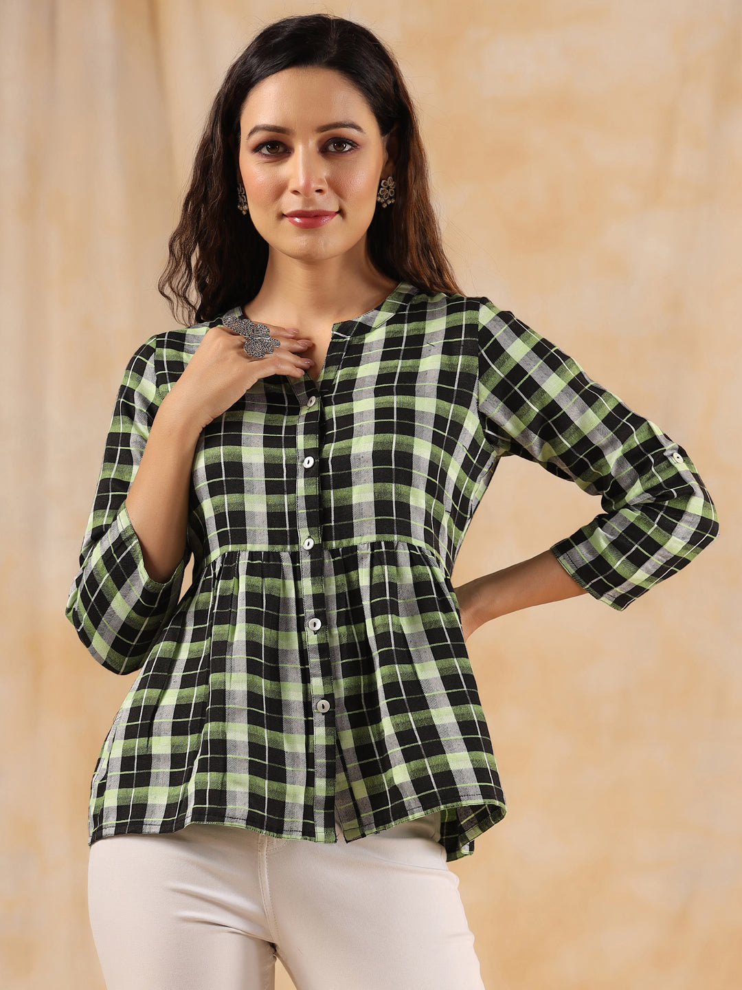 Green And White Checks Cotton Gathered Shirt