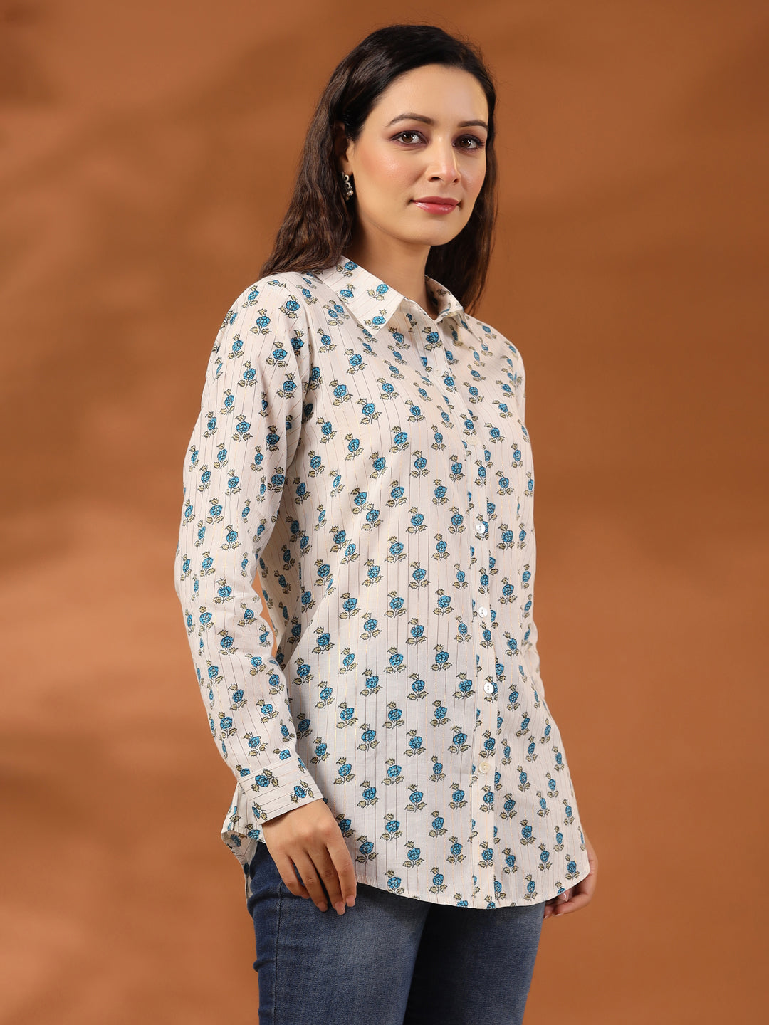 Turquoise Blue Ethnic Motif Lurex Shirt