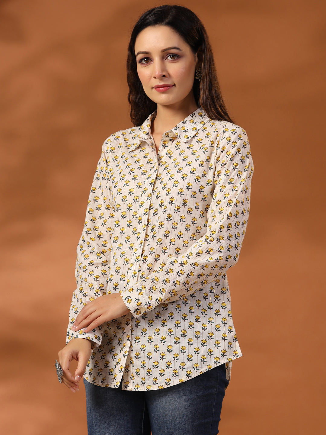 Yellow Ethnic Motif Printed Lurex Shirt