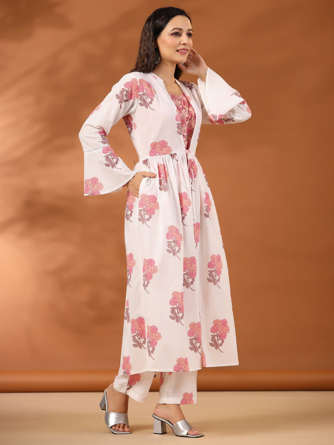 Peach Floral Printed Cotton 3-Piece Co-Ord Set