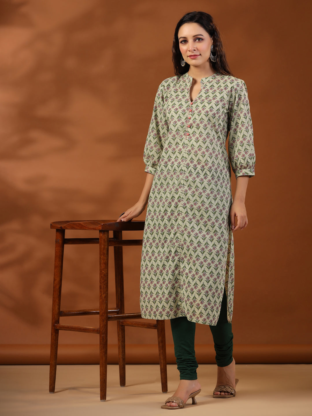 Sage Green Ethnic Mughal Buti Printed Straight Kurta