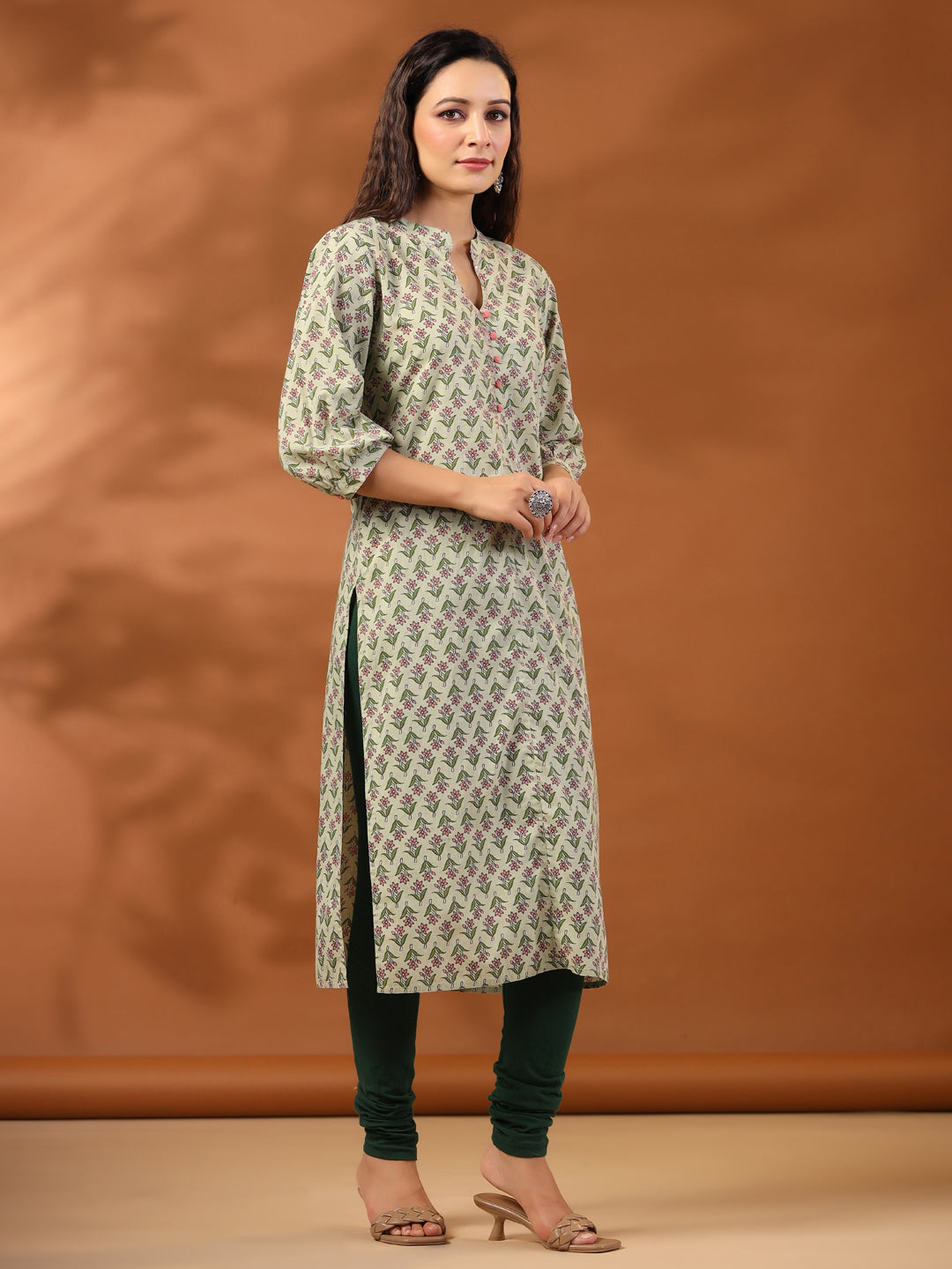 Sage Green Ethnic Mughal Buti Printed Straight Kurta