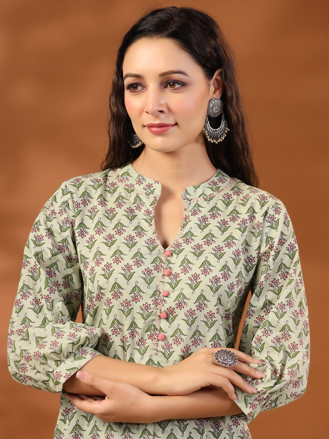Sage Green Ethnic Mughal Buti Printed Straight Kurta