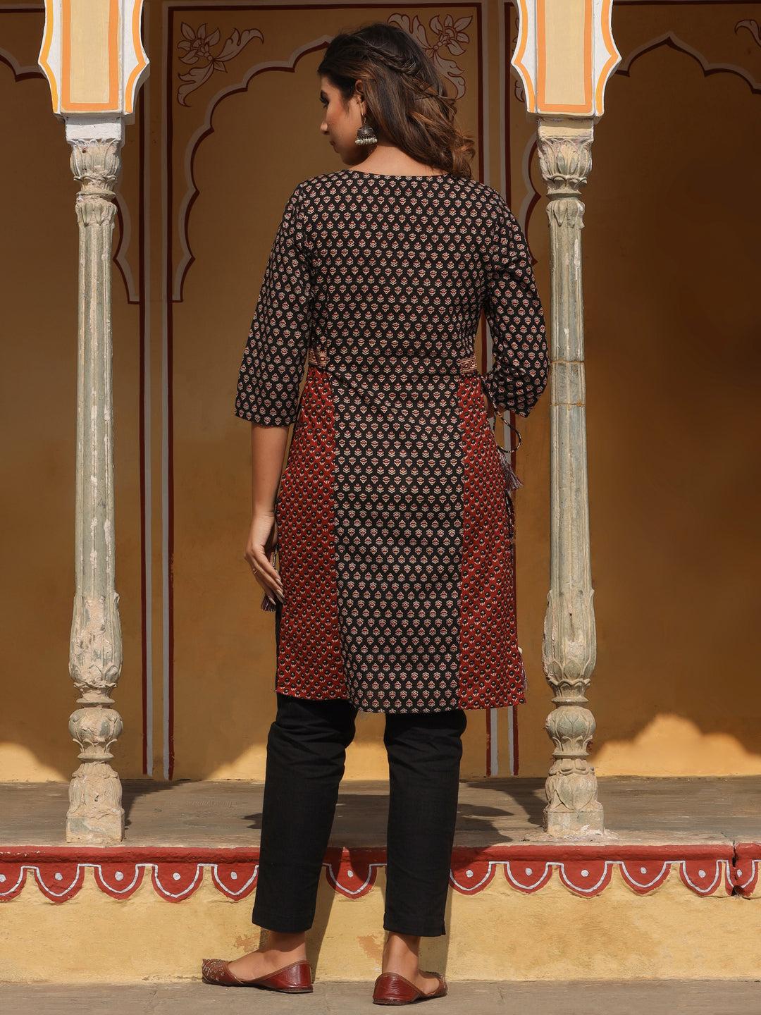 Black Cotton Printed Tie-Ups With Tassels Kurta