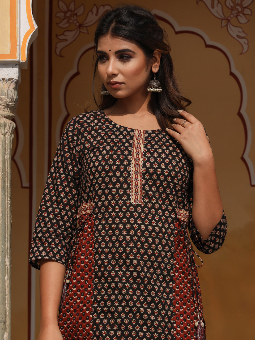Black Cotton Printed Tie-Ups With Tassels Kurta