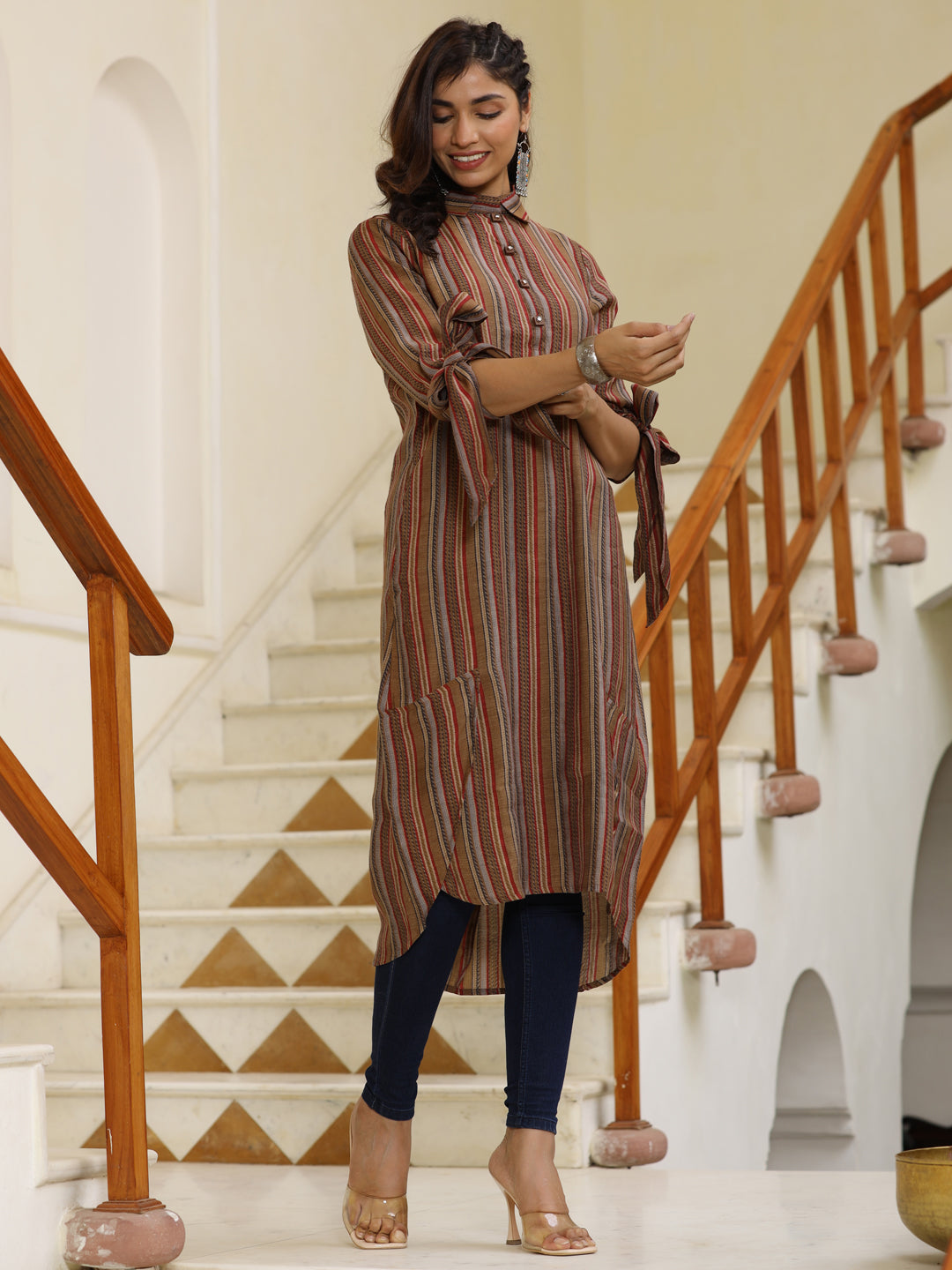 Chanderi Camel Brown Stripes High Low Loose Fitting Pattern Kurta