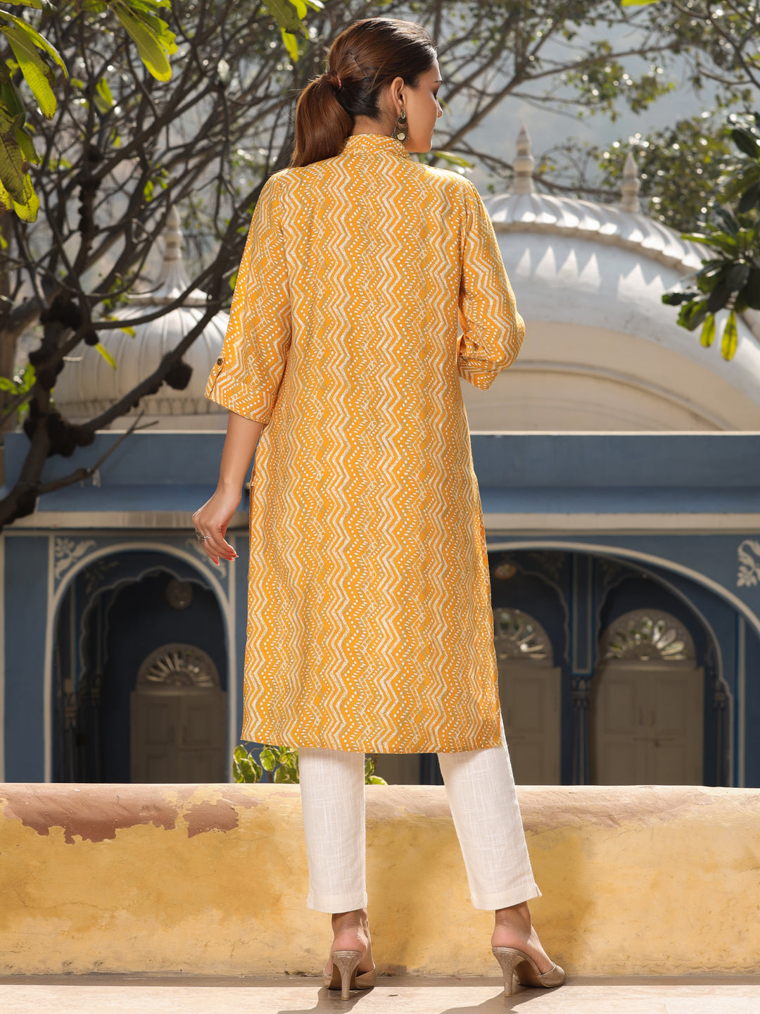 Mustard Chanderi Silk Printed Kurta