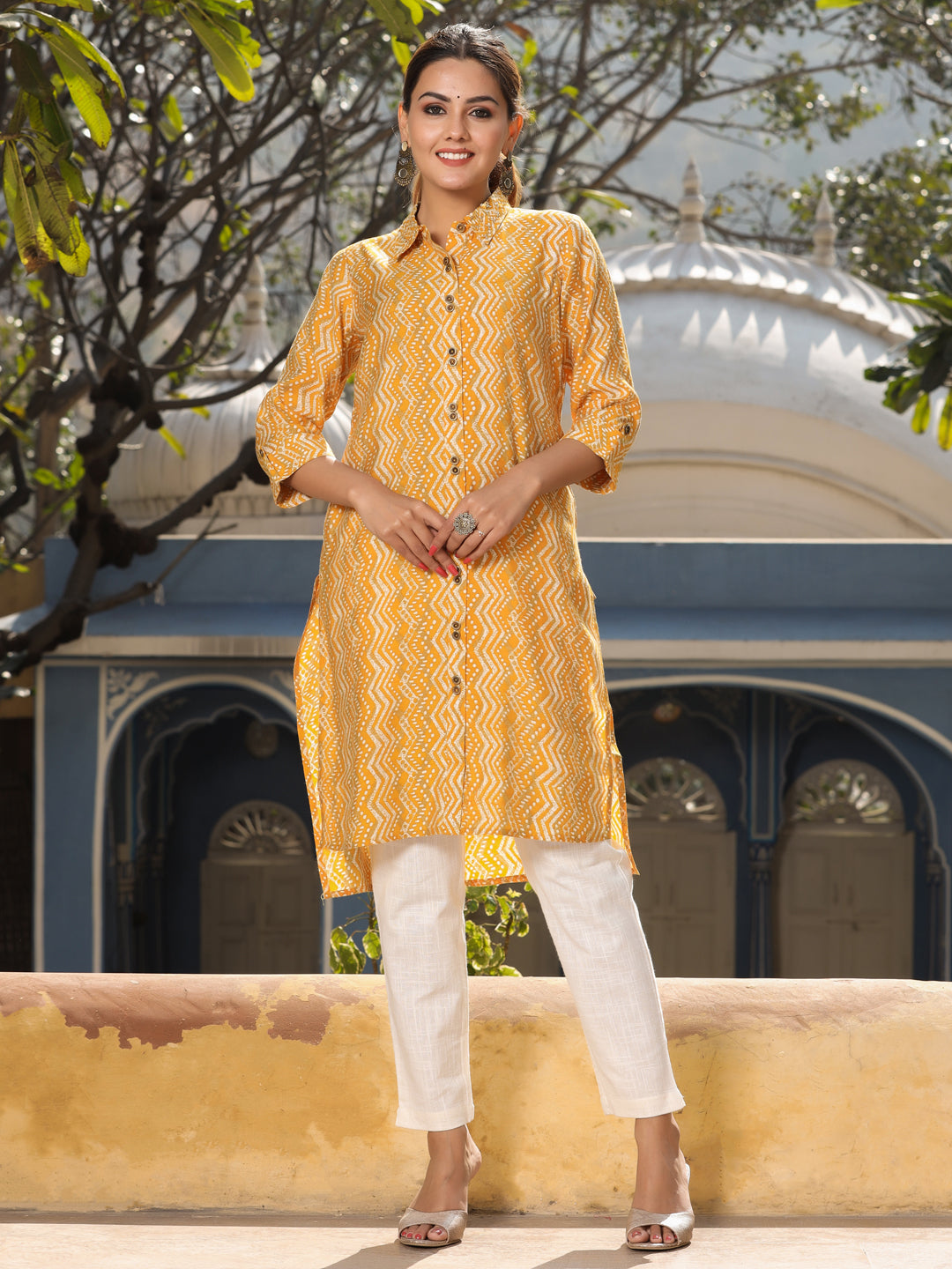 Mustard Chanderi Silk Printed Kurta