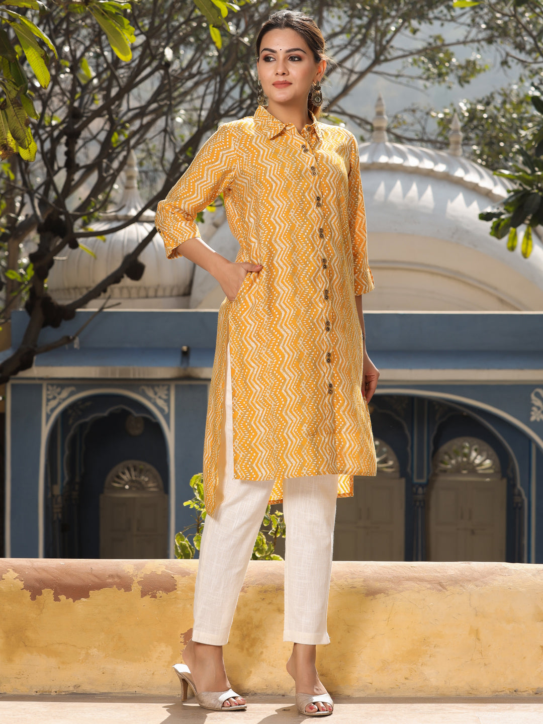 Mustard Chanderi Silk Printed Kurta