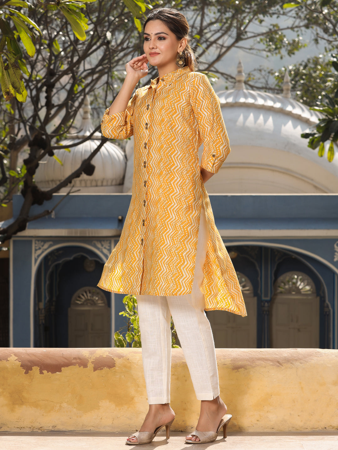 Mustard Chanderi Silk Printed Kurta