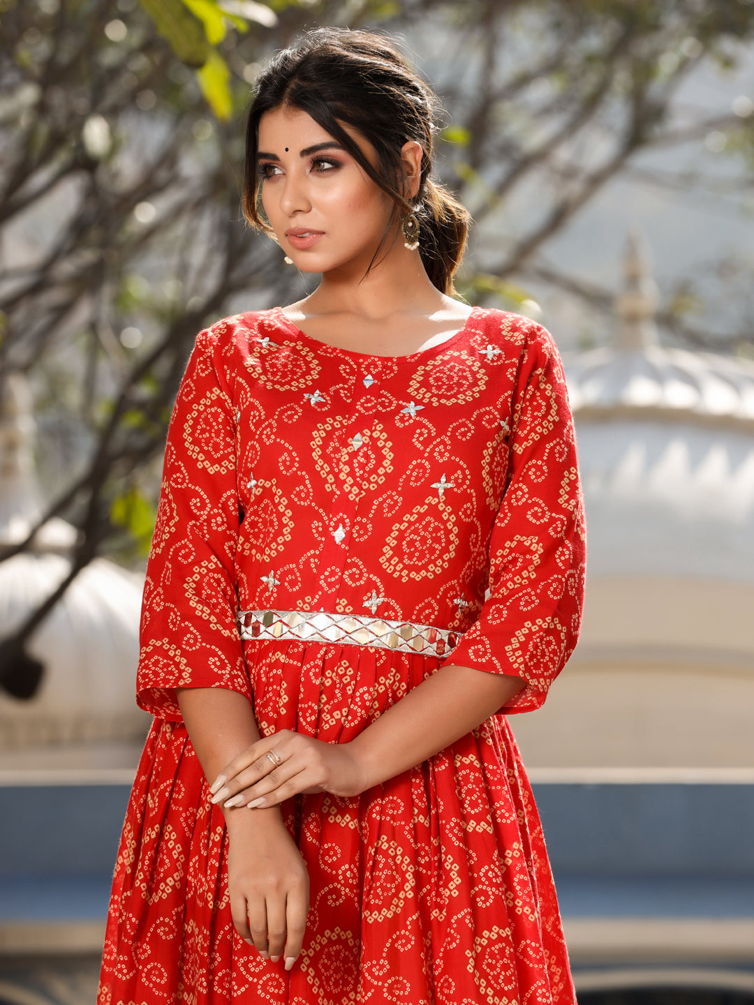 Bandhani Printed Red Jumpsuit With Mirrorwork Belt