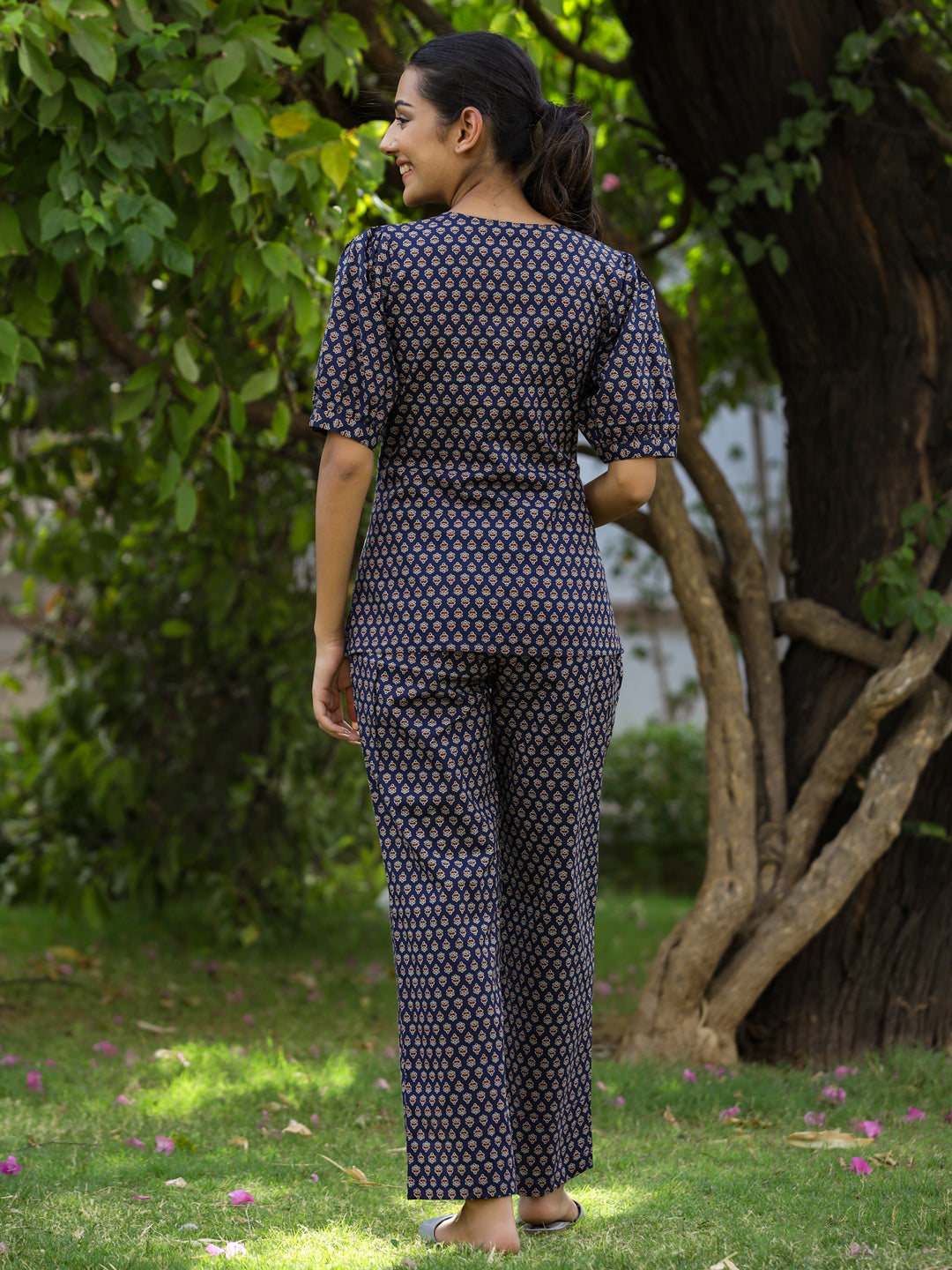 Indigo Ethnic Motif Printed Puffed Sleeves Top With Pants Loungewear Set