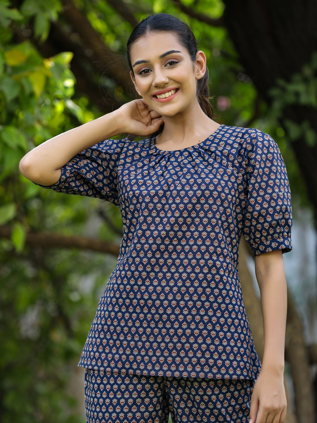 Indigo Ethnic Motif Printed Puffed Sleeves Top With Pants Loungewear Set