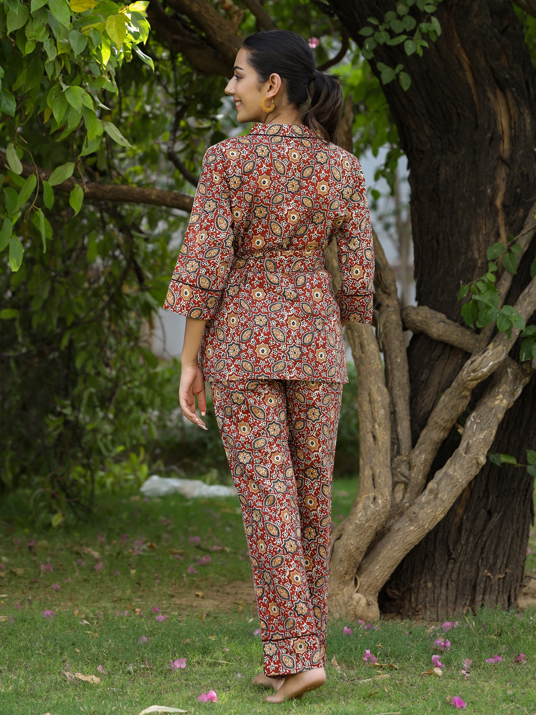 Maroon Ethnic Motif Printed Shirt With Pants And Belt Loungewear Set