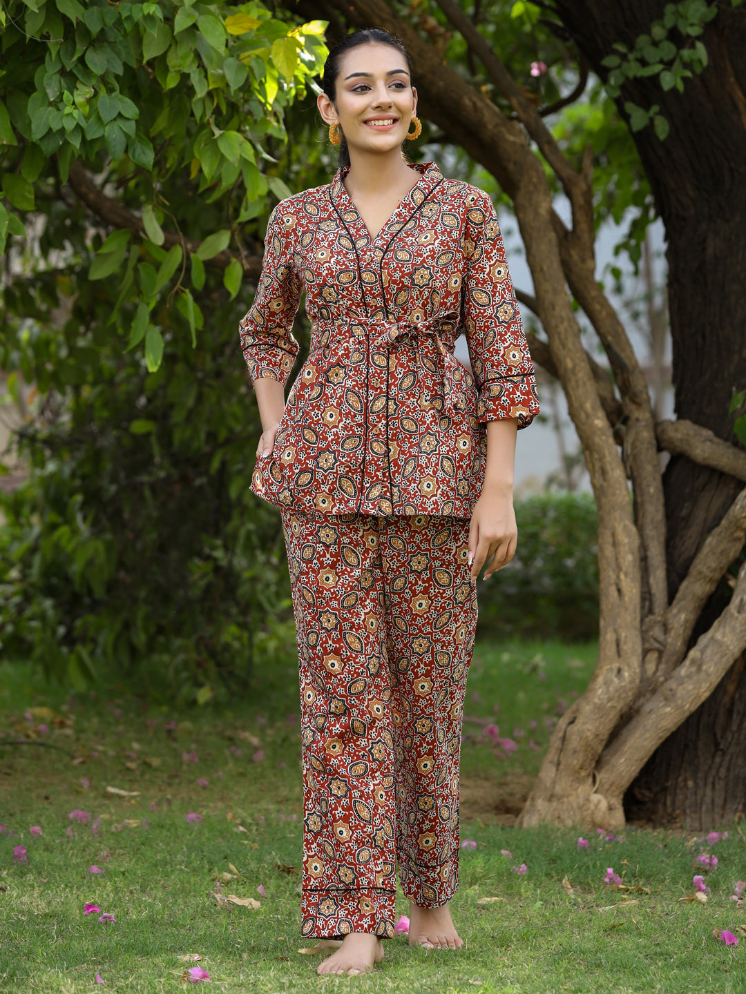 Maroon Ethnic Motif Printed Shirt With Pants And Belt Loungewear Set