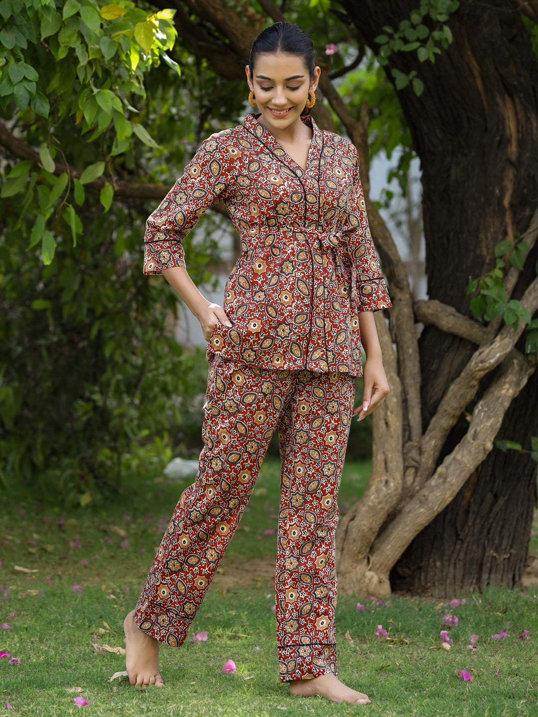 Maroon Ethnic Motif Printed Shirt With Pants And Belt Loungewear Set