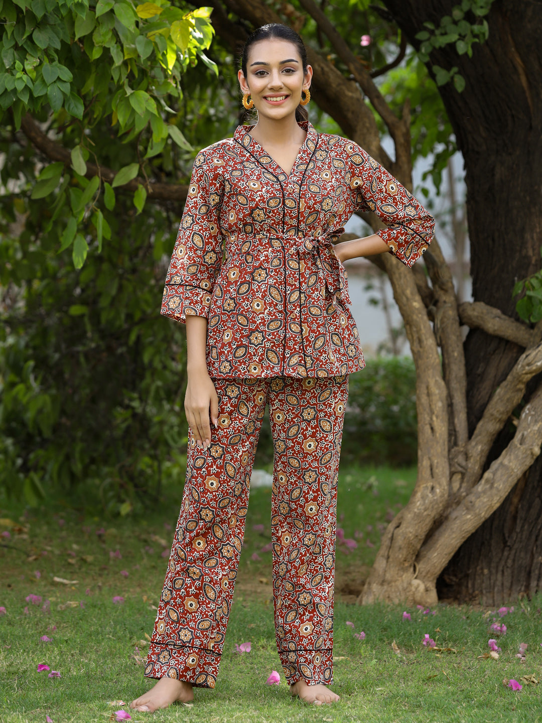 Maroon Ethnic Motif Printed Shirt With Pants And Belt Loungewear Set