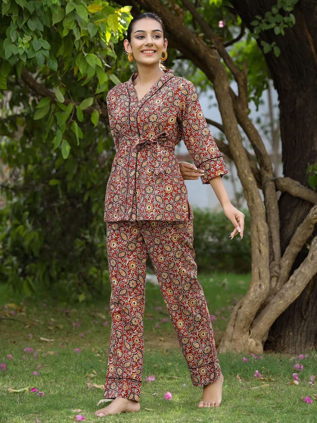 Maroon Ethnic Motif Printed Shirt With Pants And Belt Loungewear Set