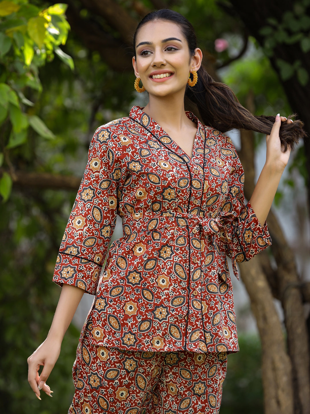 Maroon Ethnic Motif Printed Shirt With Pants And Belt Loungewear Set