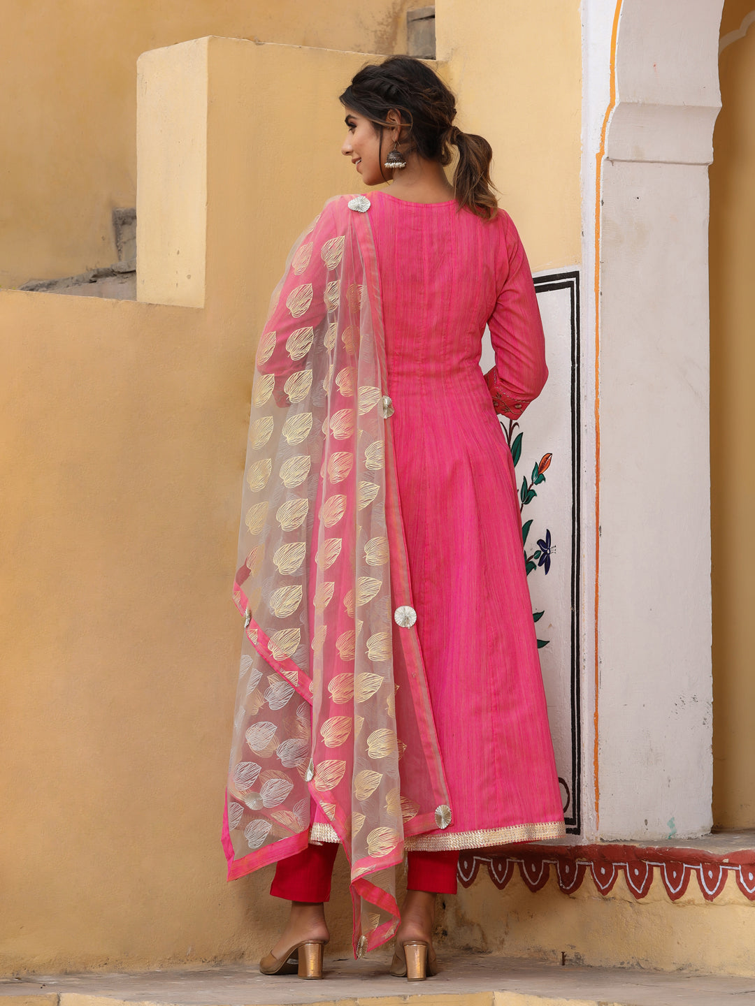 Embroidered Pink Chanderi Anarkali Kurta With Printed Dupatta