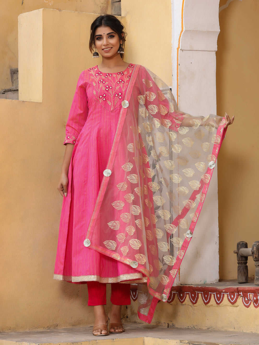 Embroidered Pink Chanderi Anarkali Kurta With Printed Dupatta