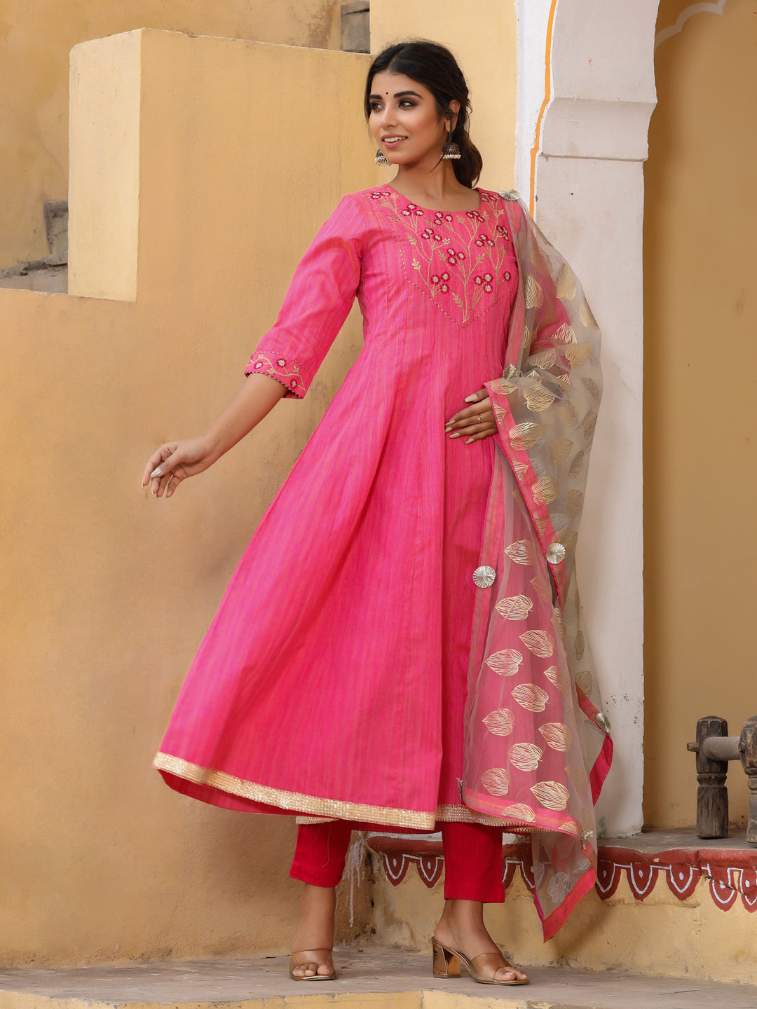 Embroidered Pink Chanderi Anarkali Kurta With Printed Dupatta