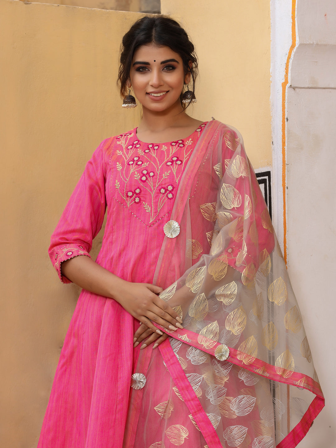 Embroidered Pink Chanderi Anarkali Kurta With Printed Dupatta