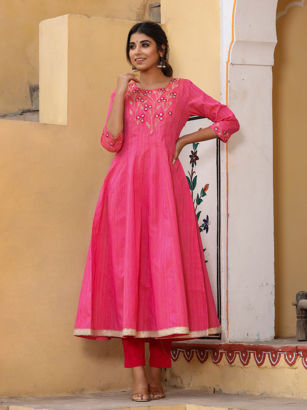 Embroidered Pink Chanderi Anarkali Kurta With Printed Dupatta