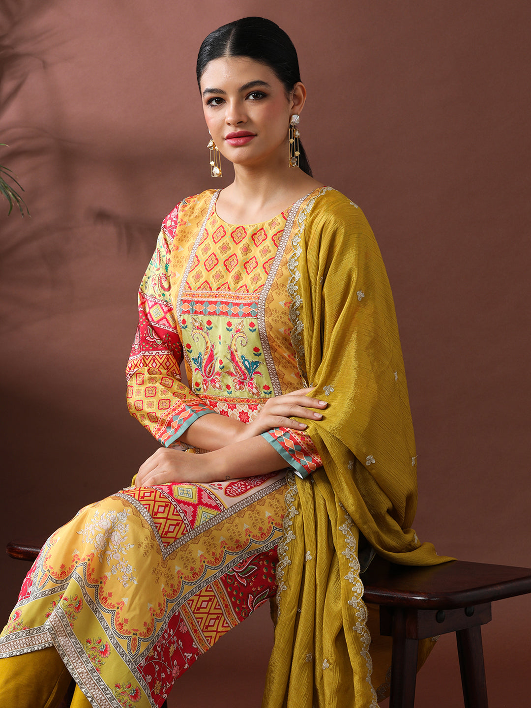Floral Embroidered Straight Pure Silk Kurta & Trousers Sets