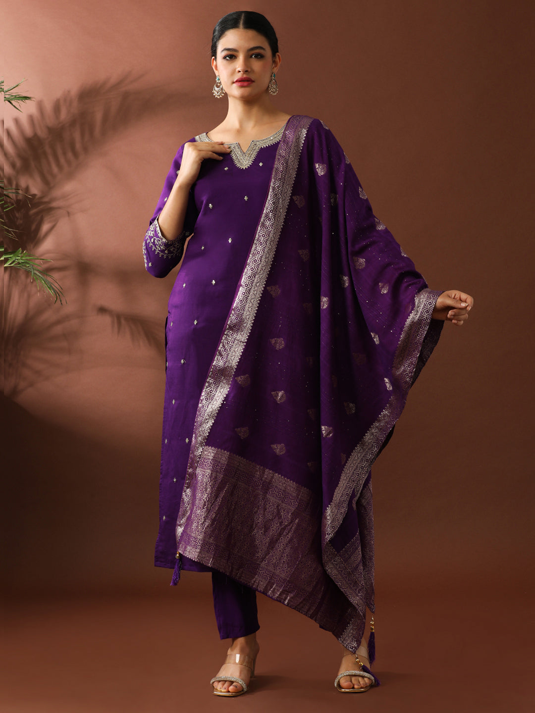 Floral Embroidered Straight Polyester Kurta & Trousers Sets