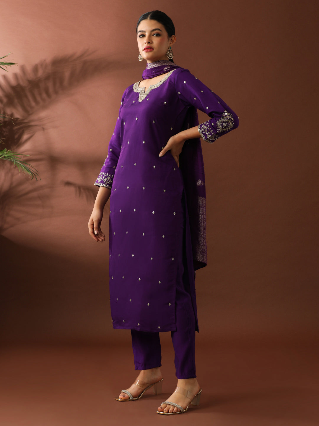 Floral Embroidered Straight Polyester Kurta & Trousers Sets