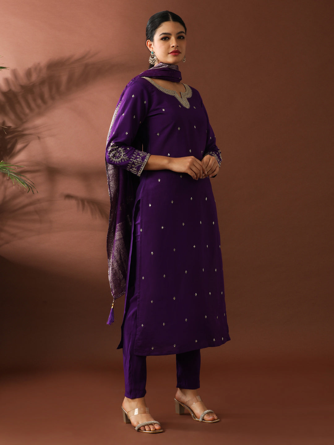 Floral Embroidered Straight Polyester Kurta & Trousers Sets